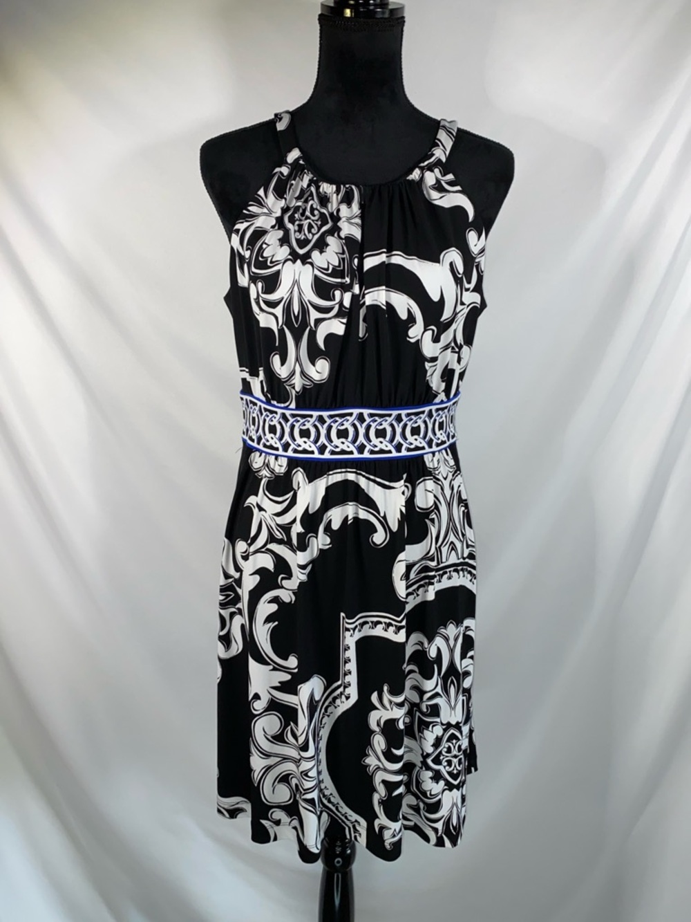 WHBM Black White Baroque Matte Jersey Halter Dress M